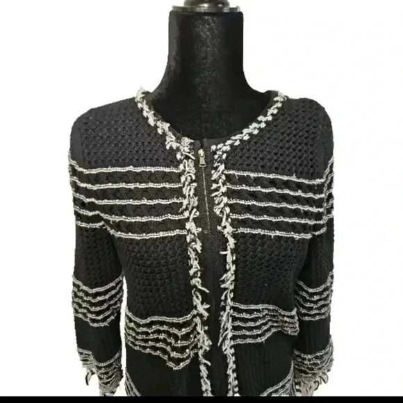 Ann Taylor Womens Black And White Frayed Knit Zip Up Sweater M - Picture 5 of 12